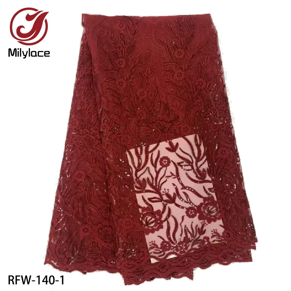 

French Lace Fabric 5 Yards Embroidery Net Lace Fabric with Sequins African Milk Silk Lace Fabrics for Wedding RFW-140