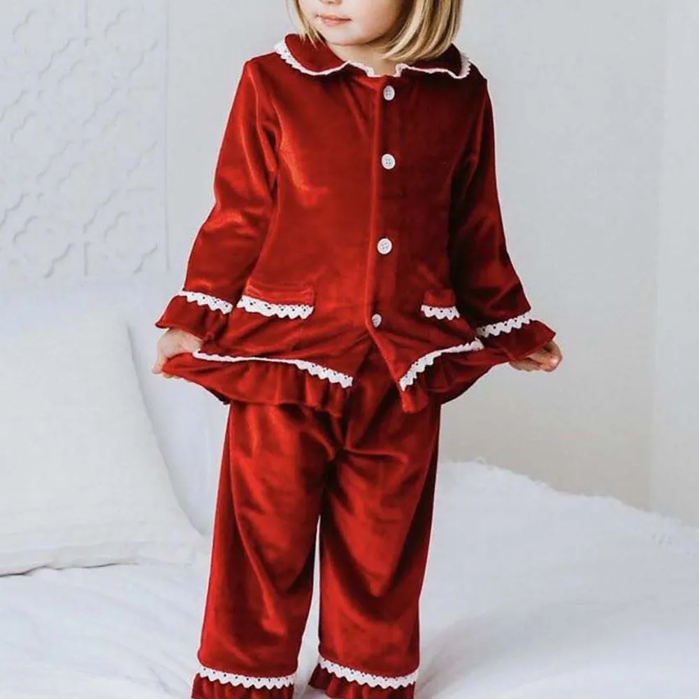 Pijama Vintage de encaje para ni&ntilde;as peque&ntilde;as, ropa de casa de terciopelo con bolsillos, color rojo, para Navidad, 2 uds.-0
