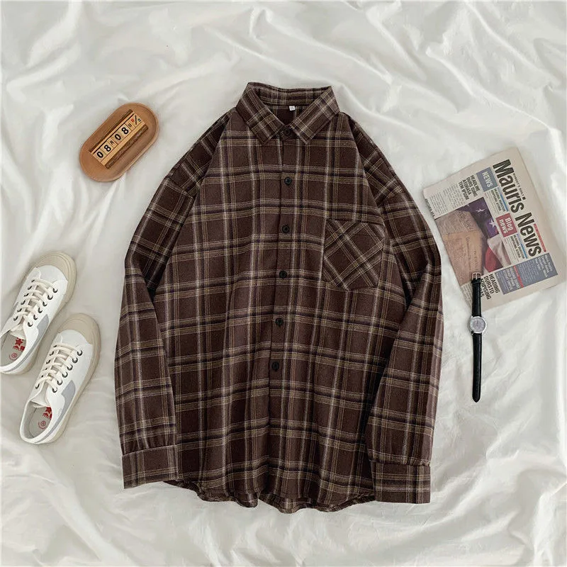 

Anbenser Women Plaid Shirt Female Oversize Blouse Korean Style Long Sleeves Collared Shirt Tops Casual Outwear Vintage Black