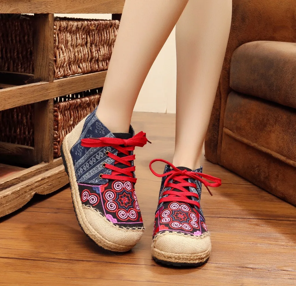 

Lace-up Cotton Fabric Casual Flats loafers Linen Hemp Round Toe Totem Embroidered Ethnic Style Fashion Cute Shoes