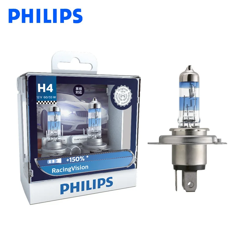 Лампа Philips H4 9003 12 В Racing Vision + 150% более яркая для автомобильных фар галогенная лампа