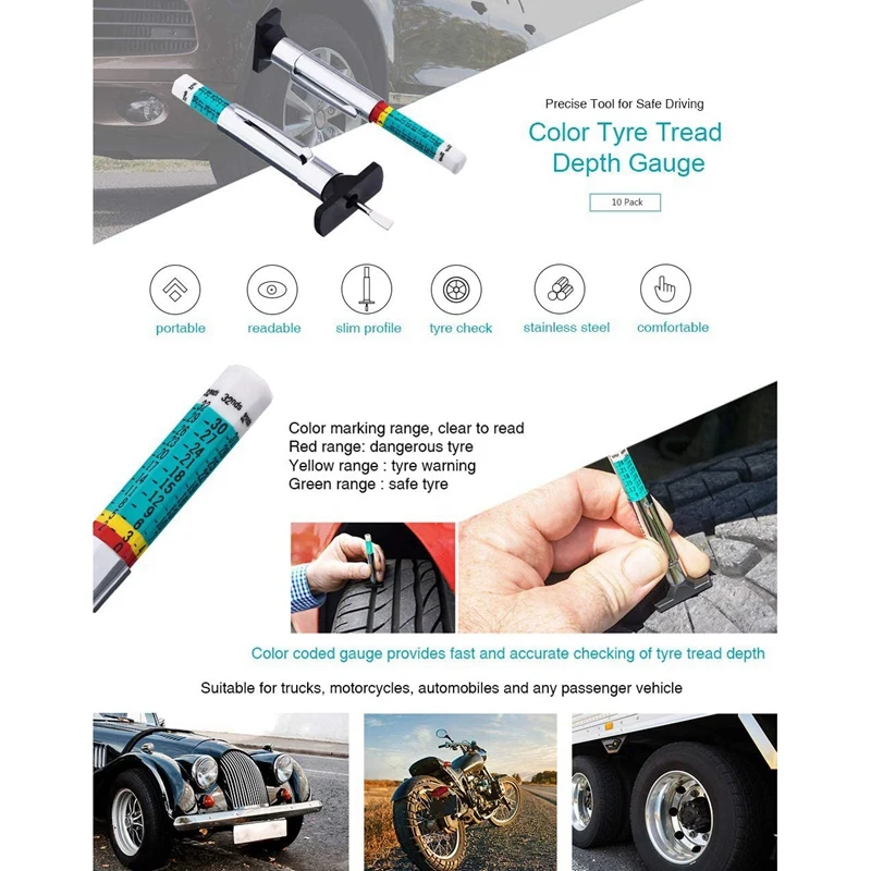 

WSFS Hot 10Pcs Tyre Tread Depth Gauge Accurate Measurement Tools Clear Markings Smart Color Coded for Car Trucks Motorcycles
