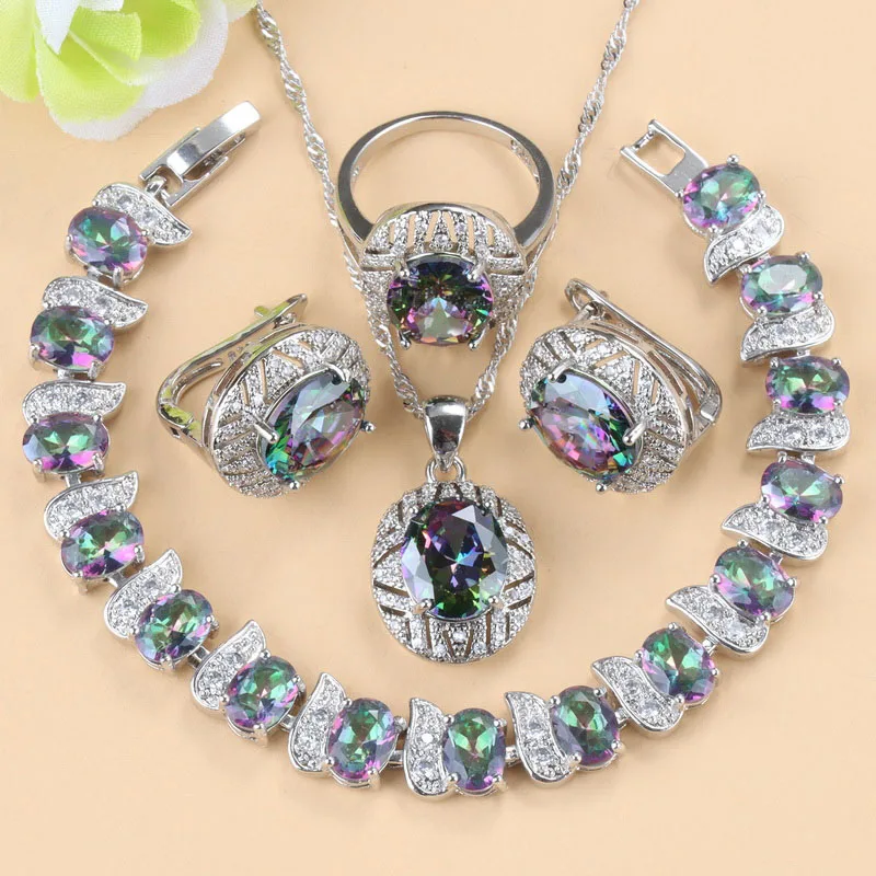 

AAA+ Quality Rainbow Zirconia Trendy Women Costume Clip Earrings Necklace Pendant Ring And Bracelet Jewelry Sets