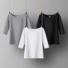 Женская хлопковая футболка, однотонная, с воротником-лодочкой, с полурукавами, универсальная, летняя