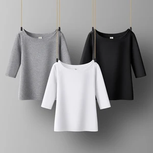 Женская хлопковая футболка, однотонная, с воротником-лодочкой, с полурукавами, универсальная, летняя