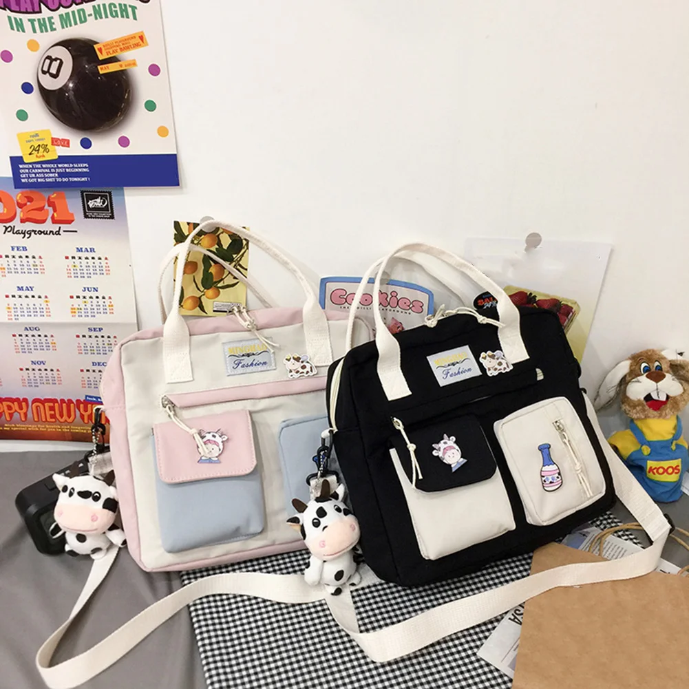 

Casual Canvas Women Shoulder Crossbody Bags Student School Bags Female Daily Contrast Color Backpack Rucksack with Badge Pendant