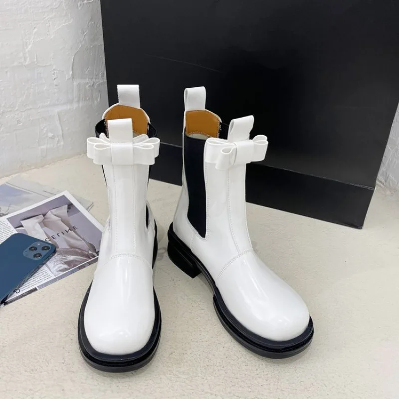 

Modern Boots Women Shoe Autumn Artificial Leather Round Toe Side Zipper Lace-Up Mid-Calf Goth Boots Platform Kawaii Botas Mujer