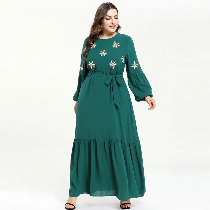 Quality Big Size Women Green Floral Embroidery Pleated Maxi Dress Long Lantern Sleeve Boho Belted Dresses Muslim Abaya 4XL |