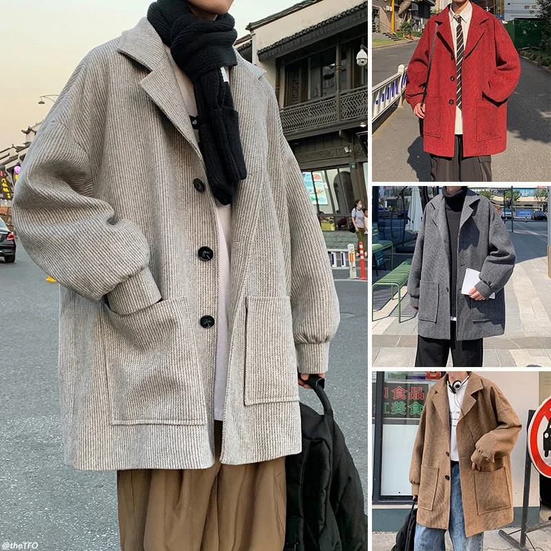 

Осеннее Короткое шерстяное пальто, Мужская модная многоцветная повседневная шерстяная куртка с карманами, мужское корейское свободное шер...