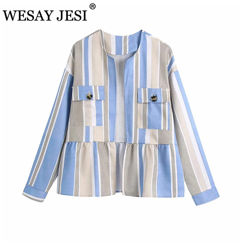 

WESAY JESI Women Clothing Jackets TRAF ZA 2021 Chic Vintage Casual Pockets Jacket Women Ruffled Patchwork Overcoat Office Lady