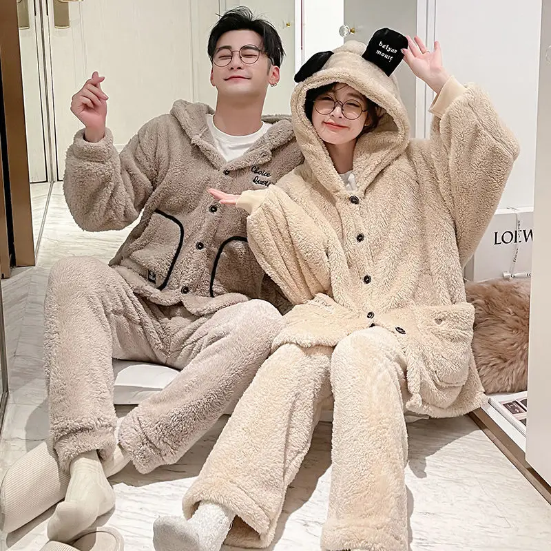 

Winter Pajama Sets Women Solid Flannel Soft Sweet Lovely Hooded Two-pieces Thicken Plush Cute Couple Sleepwear Fashion F167