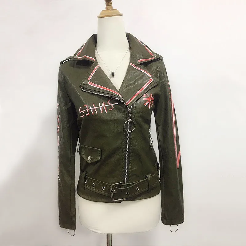 Осень 2020 Женская куртка из искусственной кожи приталенная новая с принтом