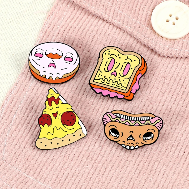 Мультфильм Череп еда эмаль булавки Скелет сэндвич пицца пончики Броши Горячие