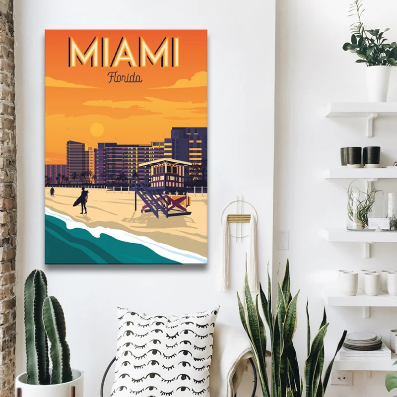 

City Landscape Canvas Wall Art Painting Poster and Prints Miami Beach Minimalist Travel Posters for Living Room Decoration Home