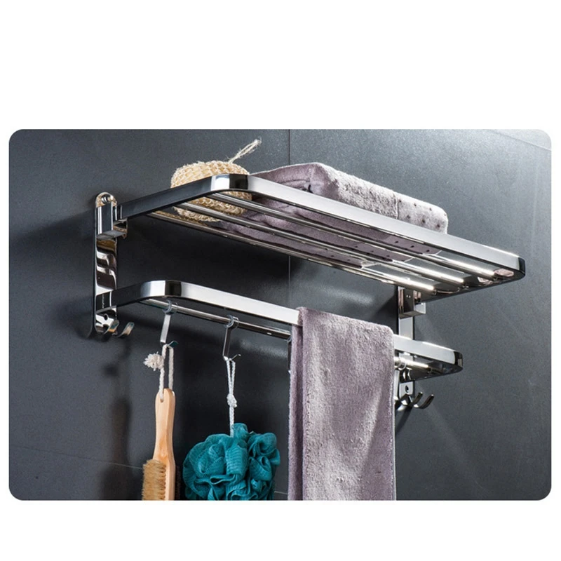 

Multifunctional Stainless Steel Anti-Rust Toilet Bathroom Foldable Towel Rack Wall Mounted Storage Double Level with Hooks Rod H