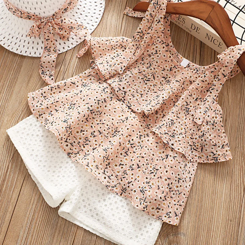 

Girls Sets Summer New Boutique Children's Clothing Female Baby Chiffon Sling Floral Sleeveless Shirt + Shorts Two-piece + Hat