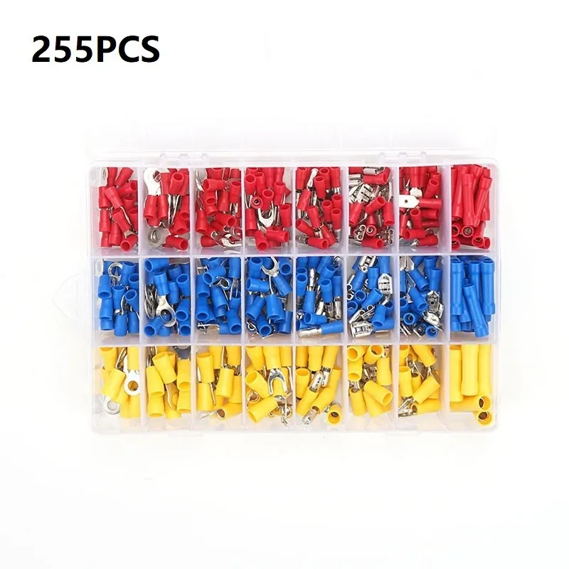 

255pcs Insulated Terminals Electrical Crimp Connector Butt Spade Ring Fork Set Crimp Spade Insulated Ring Fork Spade Butt Set
