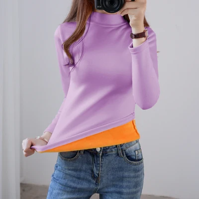 Light purple Размера плюс M-4XL теплая дутая куртка золото бархатные Нижние рубашки Для женщин Зимняя кофта с длинными рукавами и высоким воротником Термальность формирующее белье боди, пижамный комплект - Цвет: Light purple