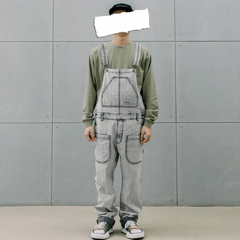 2021 Fashion Jeans Overalls Men's Denim Jumpsuits High Street Straight Loose Hip Hop Cargo Bib Pants Cowboy Blue Trousers