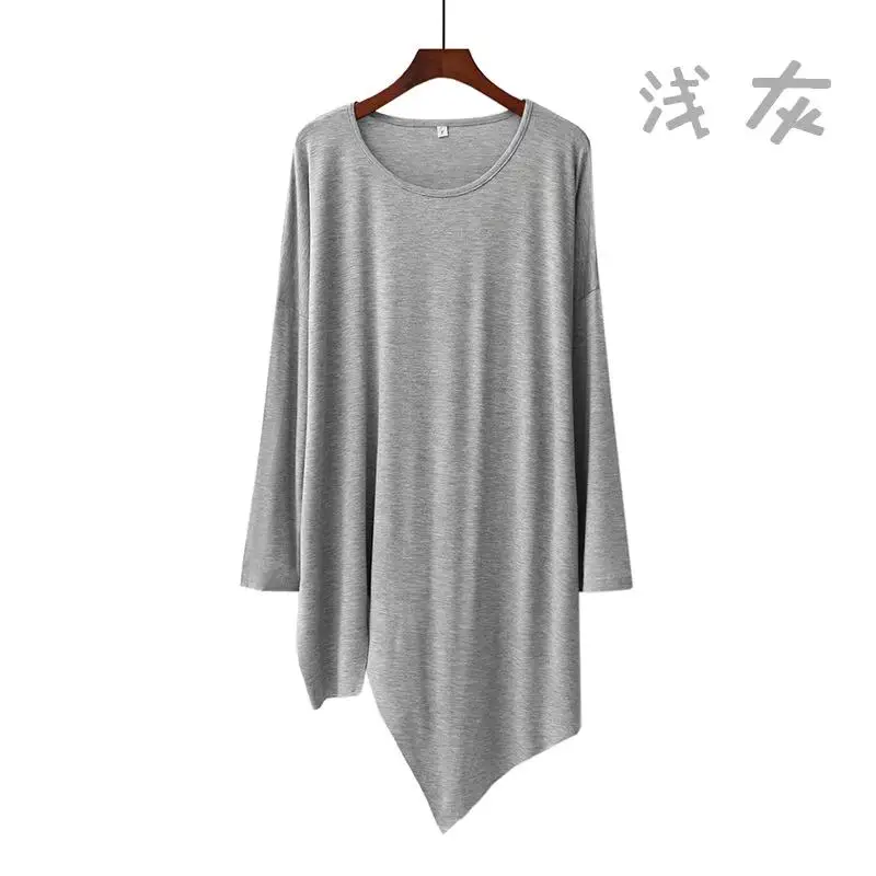 

Modal long-sleeved T-shirt Bat Sleeve Large Size Loose Round neck Bottoming Shirt Women Spring Autumn Irregular Mid-length Top