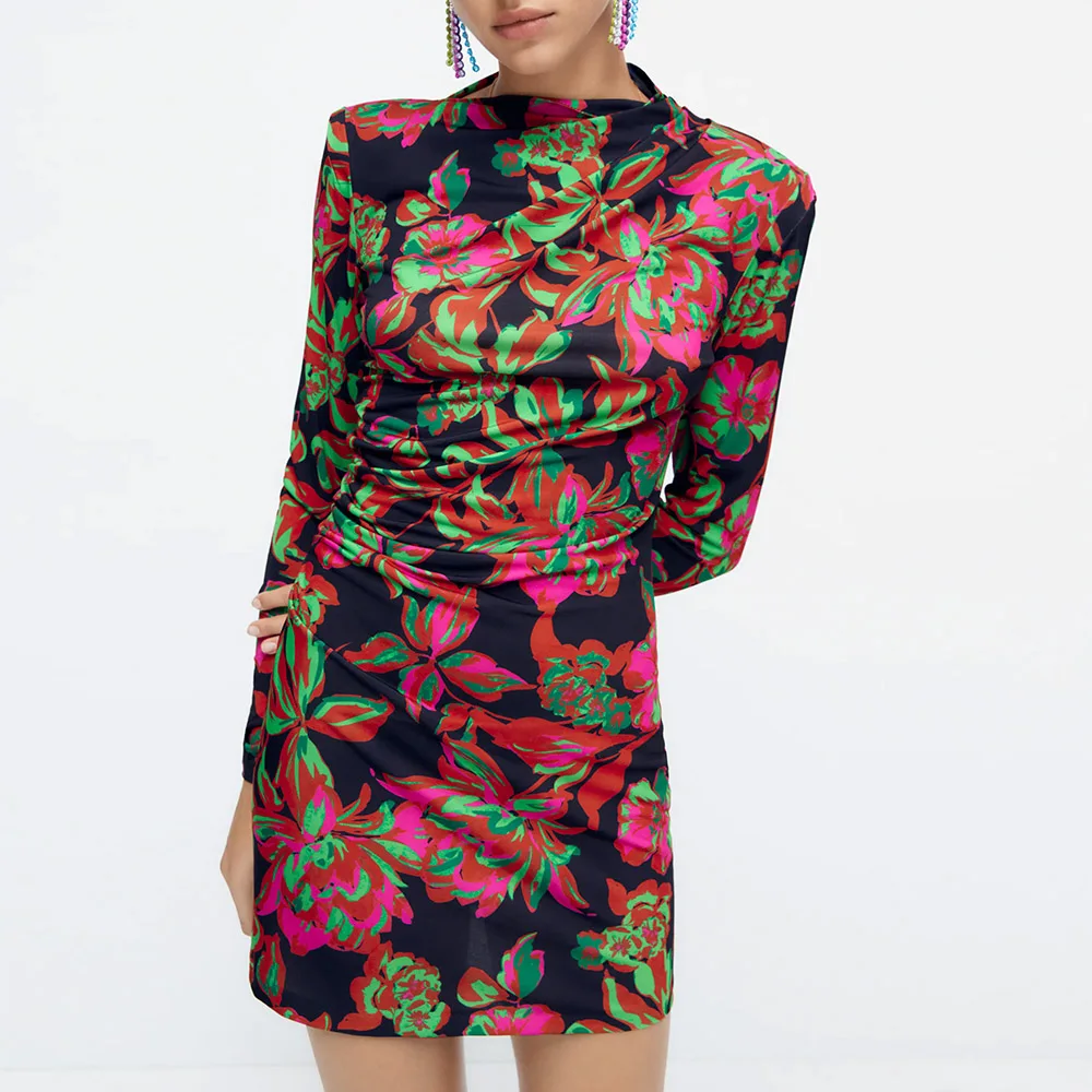 

FAKUNTN Za Printed Darped Dress 2021 Women Vintage Long Sleeve Bodycon Dresses Autumn Sexy Mini Club Party Dresses Birthday