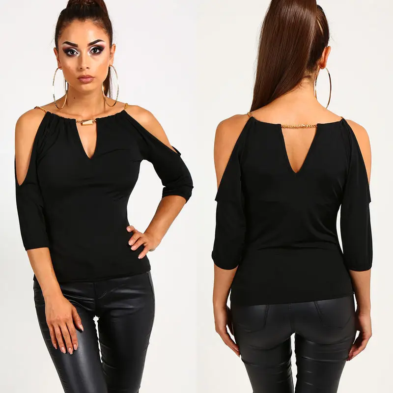 

New Fashion Women Sexy T-shirt Chic halter V Neck Summer Off Shoulder Tops Solid Black Ladies Loose Autumn Casual Tops