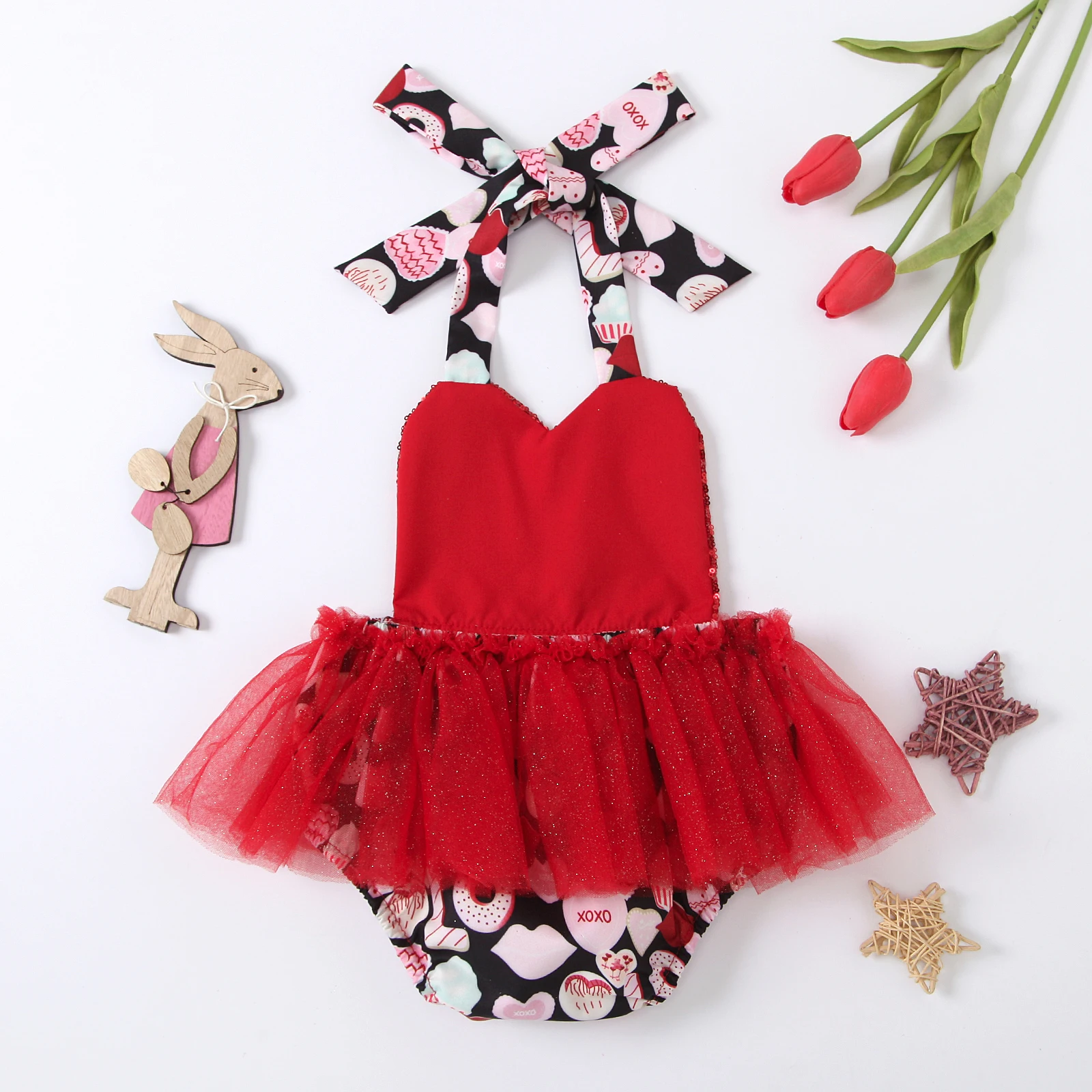 

Baby Girl Valentines Day Outfits Sequin Love Heart Print Ruffle Tulle Halter Romper With Headband Set Baby Summer Clothing