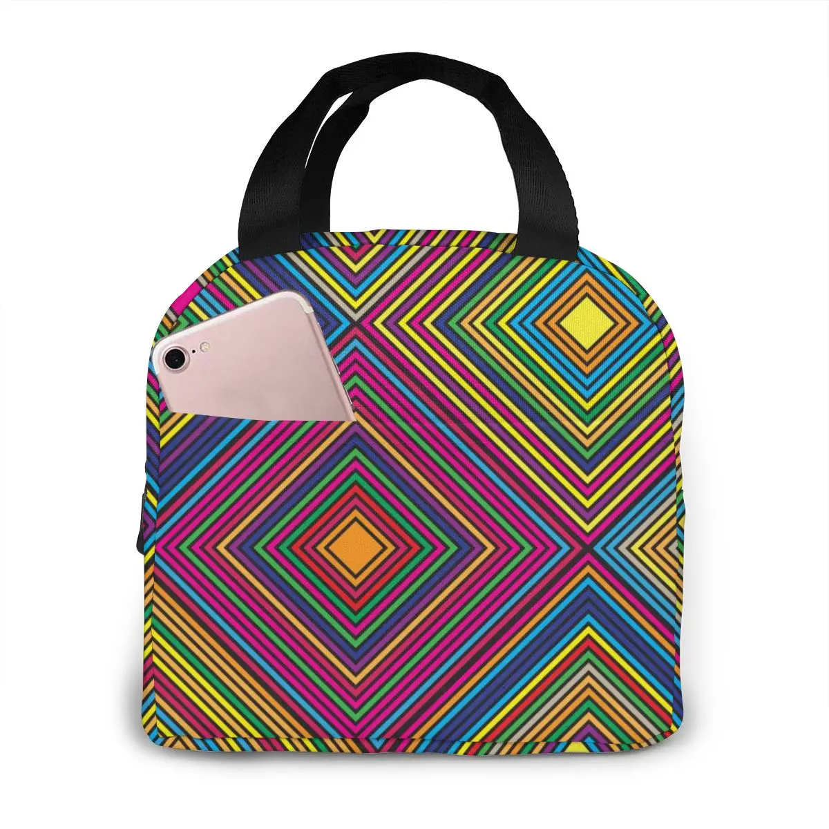 

Colourful Aztec Diamond Cooler Bag Portable Zipper Thermal Lunch Bag Convenient Lunch Box Tote Food Bag