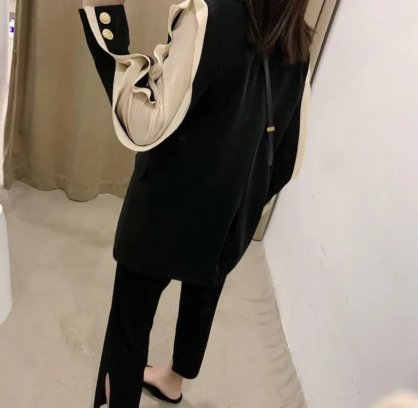 Женский винтажный блейзер с оборками черный пиджак контрастных цветов отложным