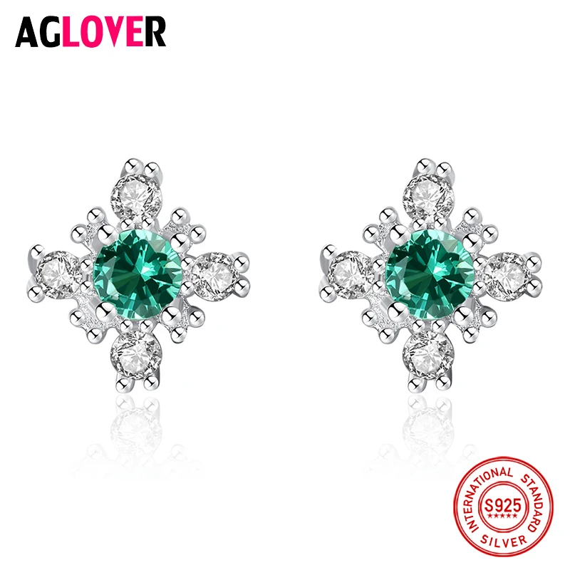 

AGLOVER 925 Sterling Silver Stud Earrings Flowers Green Purple AAA Crystal Zircon Earrings Women Luxury Wedding Jewelry Gifts