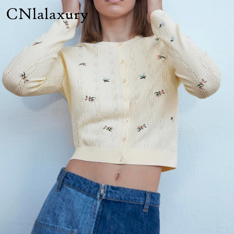 Женский вязаный кардиган с цветочной вышивкой винтажный V-образным вырезом и