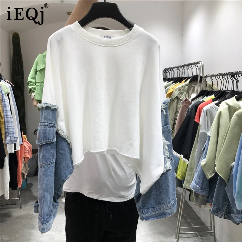 

[IEQJ] 2021 Spring autumn New Pattern Round Collar Long Sleeve Denim Patchwork Pullovers Streetwear Sweatshirt Women AH61206