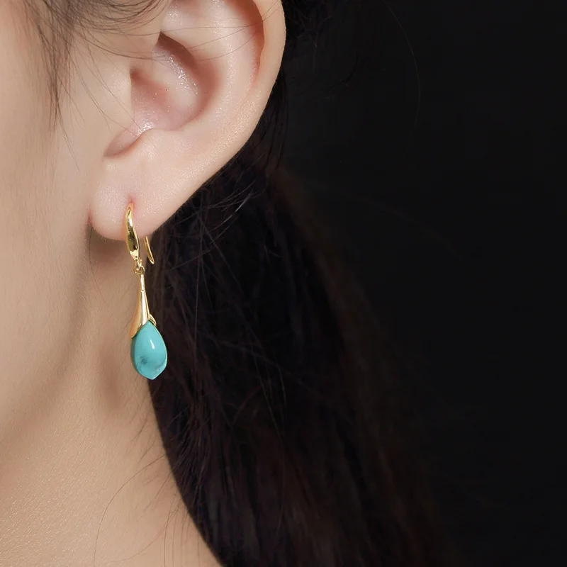 Винтаж 925 серебро натуральный камень бирюзовый вырезаны в форме цветов капли