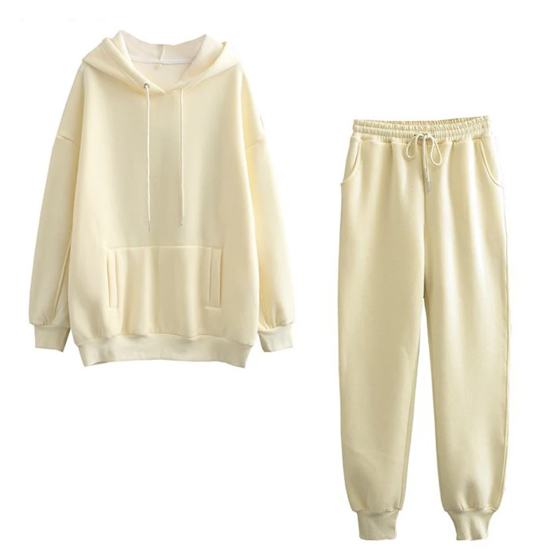 

Женский спортивный костюм из двух предметов, однотонный хлопковый свитшот с капюшоном и штаны, осень 2020