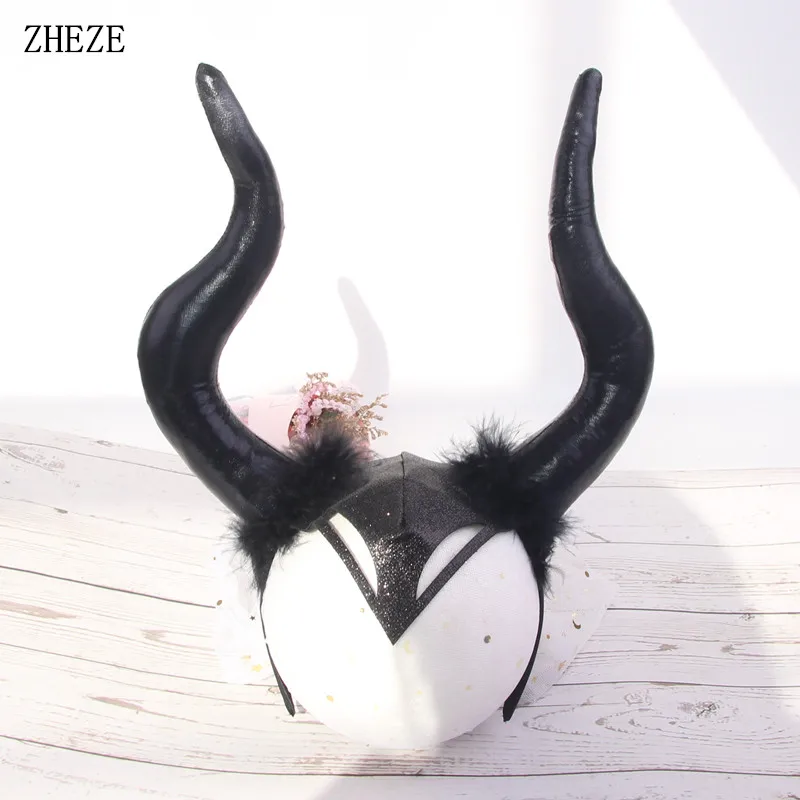 

New Black Big Witch Horns Head Hoop For Women Bat Wings Hairband Children Halloween Cosplay DIY Headband Diablo Hair Accessories