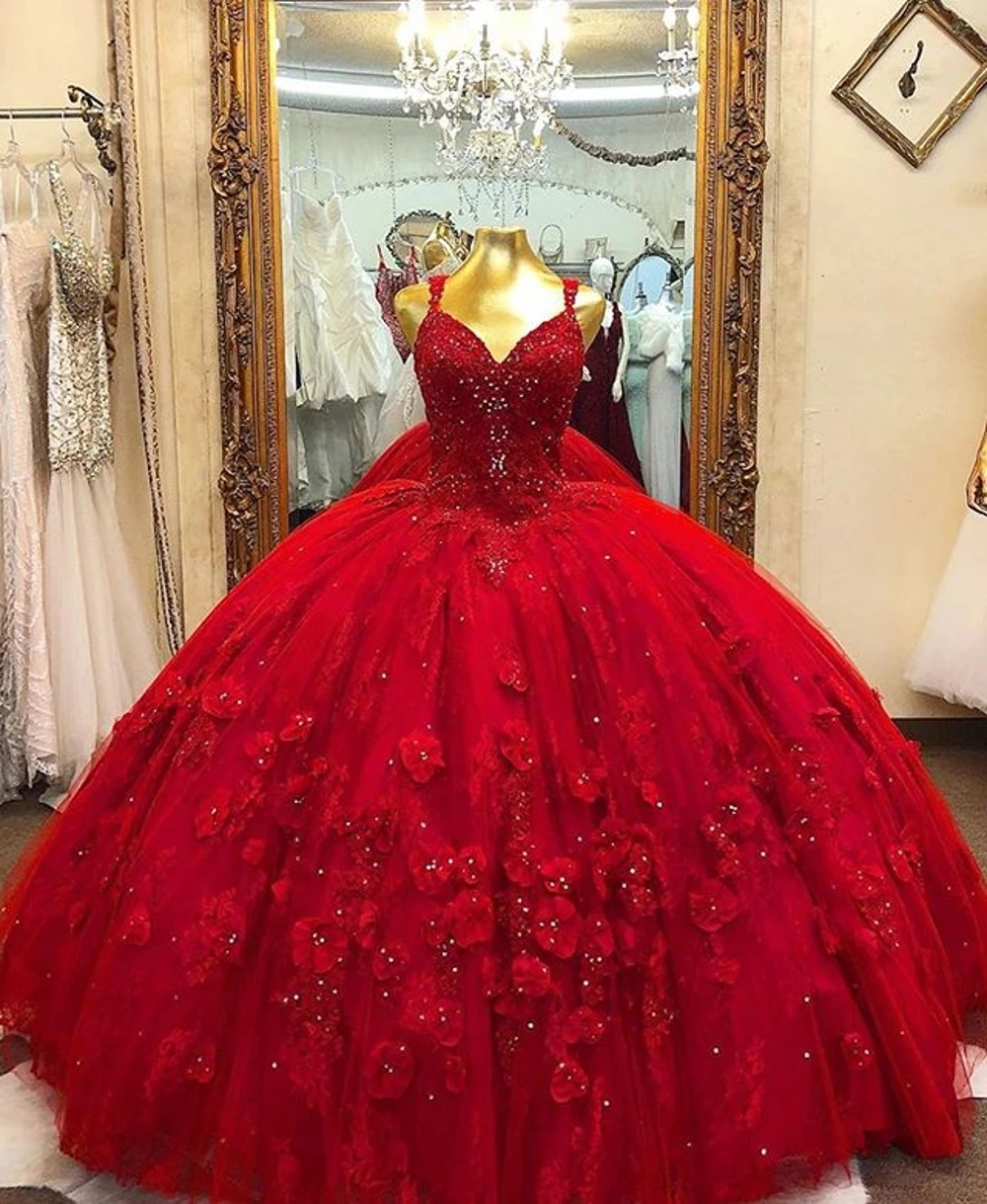 

2020 Red Quinceanera Ball Gown Dresses 3D Floral Flowrs Sweet 16 Dress Floor Length Puffy Party Gowns vestidos de 15 años