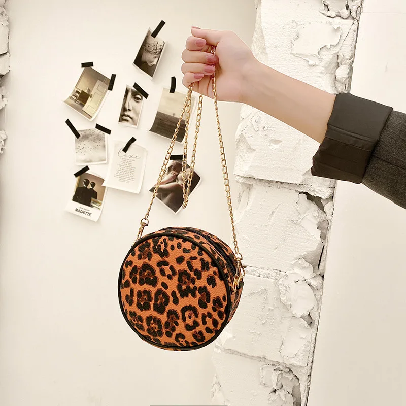 

Personality Leopard Round Shaped Shoulder Bags for Women 2021 Vintage Chain Casual Small Totes PU Leather Crossbody Handbags