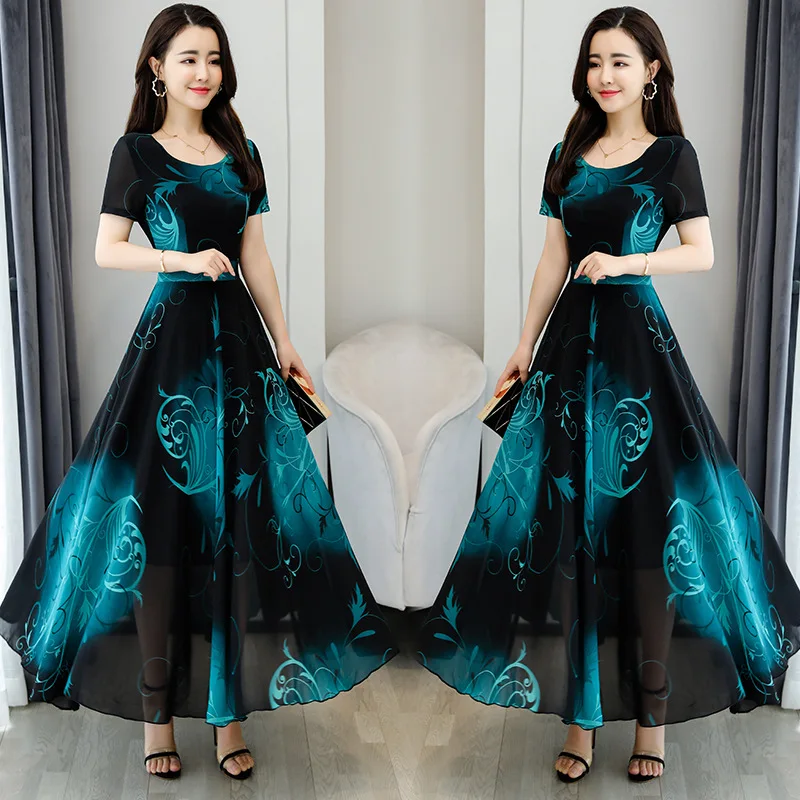 

Short sleeve printed chiffon dress summer 2021 new Korean version of large size women over the knee slim popular long skirt