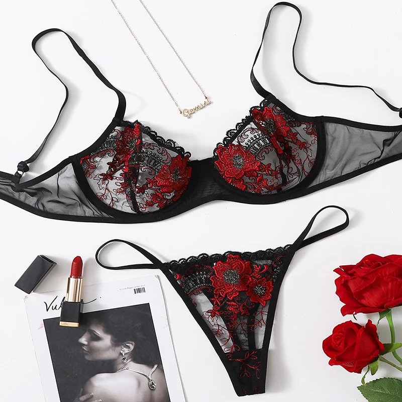 

Completi Intimi See-through Lingerie Sexy Set Woman 2 Pieces Floral Embroidery Lingerie Set Lace Underwear Femme Push Up Bra