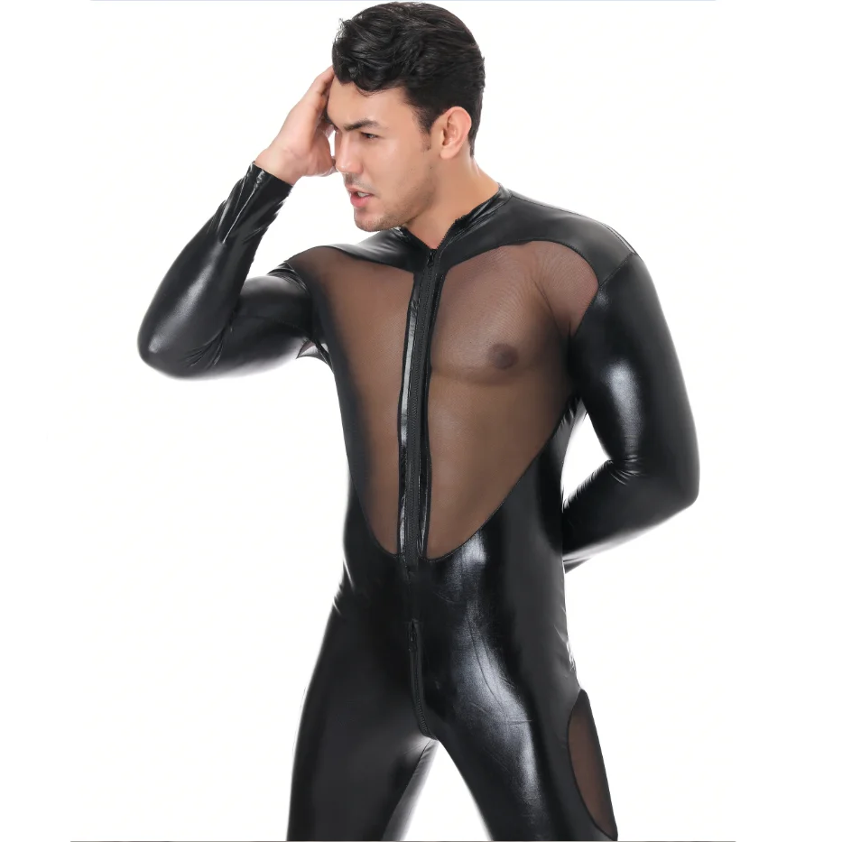 Женский черный облегающий комбинезон из лакированной кожи с длинными рукавами и