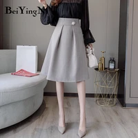beiyingni 2019 fashion skirt for woman button autumn winter vintage solid work wear skirt women korean high waist elegant saias