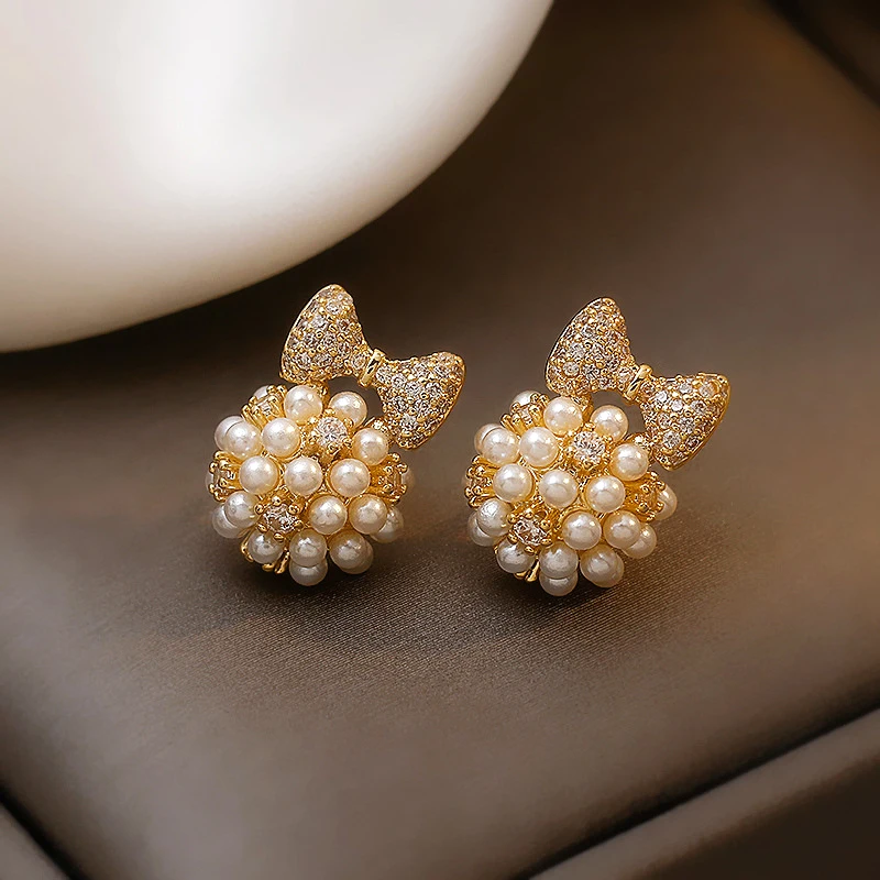 

New Popular Design Pearl Ball Bowknot Earrings for Women Girl Temperament Jewelry S925 Needle Shiny AAA Zirconia Stud Party Gift