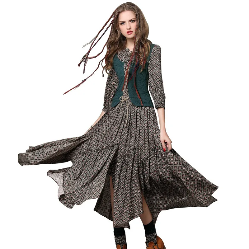 

2021 Spring Dress Women Printed Irregular Midi Maxi Retro Vintage Elegant Half Sleeve Fake Two Piece Casual Fashion Lady Dresses