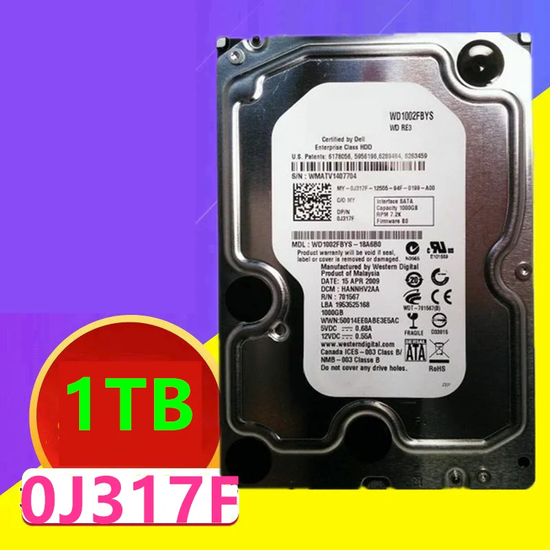 

Almost New Original HDD For Dell 1TB 3.5" SATA 64MB 7200RPM For Internal Hard Disk For Server HDD For J317F 0J317F WD1002FBYS
