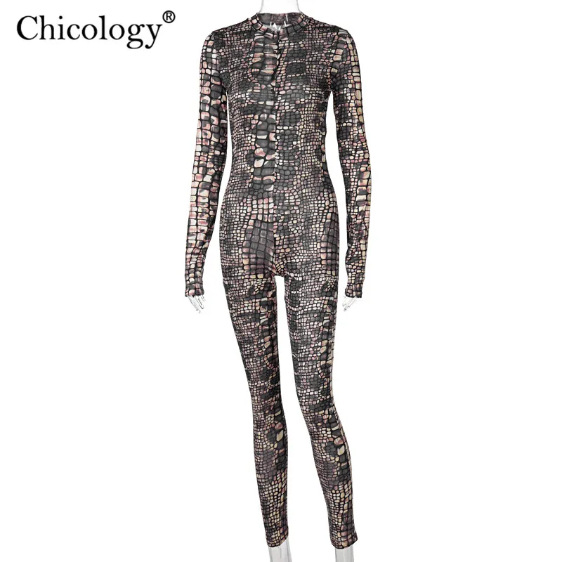 

Chicology Snake Print Zip Up Jumpsuit Women Long Sleeve Fall Winter 2020 Fashion Club Sexy One Piece Body Romper Bodycon Clothes