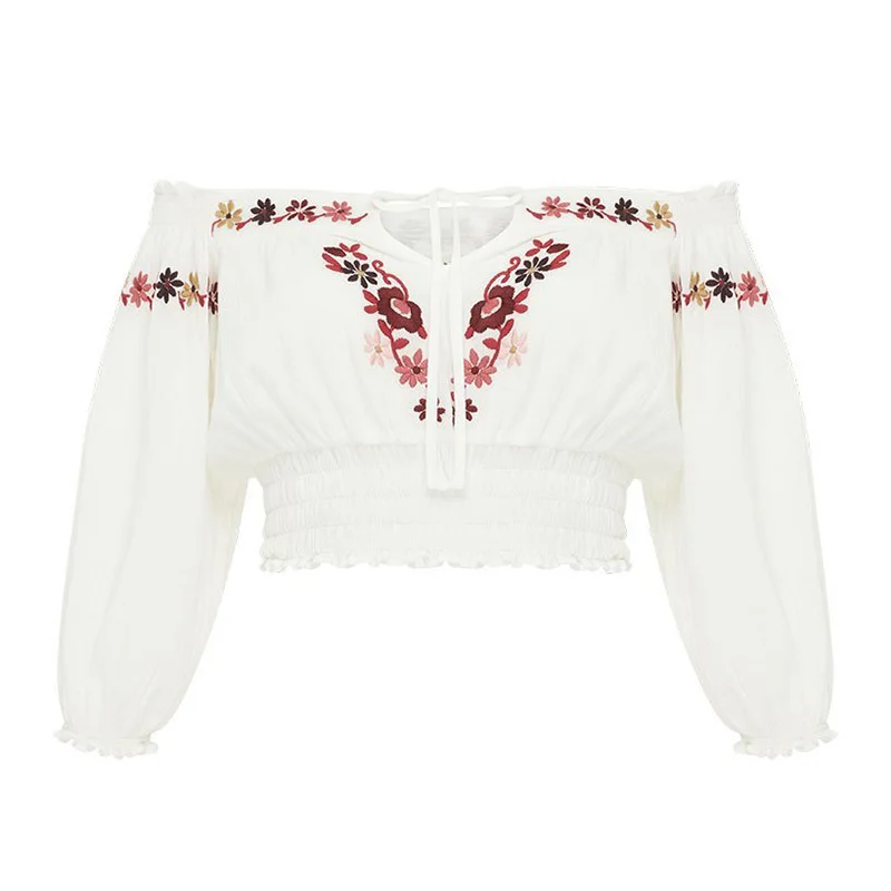 Everkaki Boho Цветочная женская блузка с вышивкой короткие топы с открытыми плечами на шнуровке винтажный топ в цыганском стиле Блузки женские Осень новинка