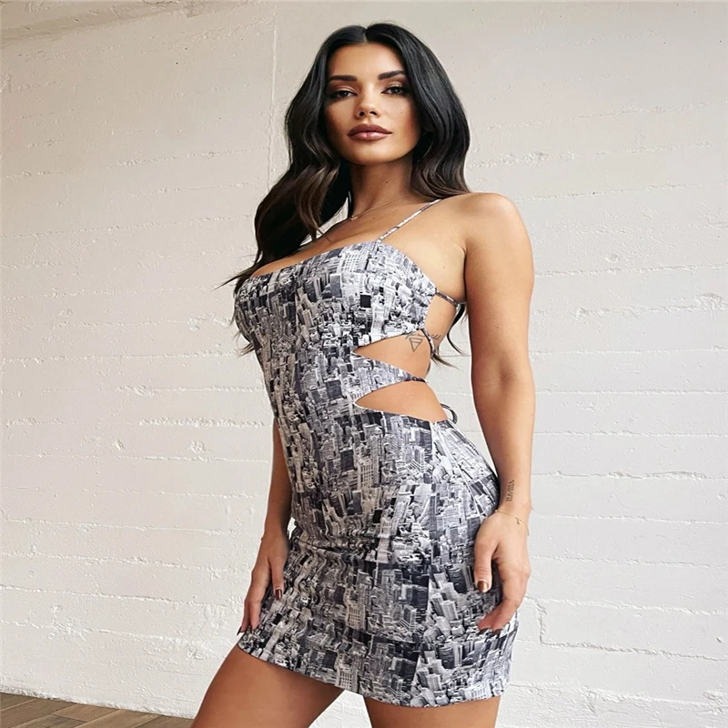 

New Sexy Temperament Print Open Back Bandage Hollowed Out Irregular Slim Bag Hip Sling Black And White Mixed Fairy Dress