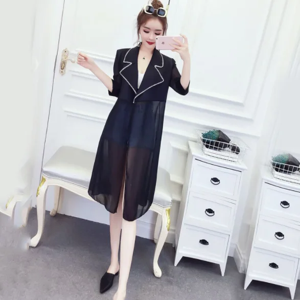 Женская винтажная шифоновая тонкая длинная куртка черная Базовая в стиле