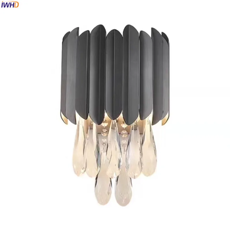 

IWHD Nordic Black Crystal Wall Lights Fixtures Living Room Bedroom Mirror Light Modern Wall Lamp Sconce Aplique Pared Wandlamp
