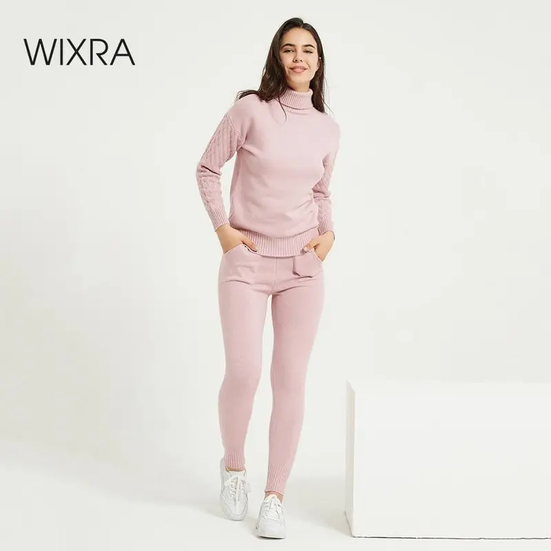 

Wixra Women's Sweater Suits and Sets Turtleneck Full Sleeve Knitting Sweaters+Long Trousers 2PCS Sets High Stretch Costume
